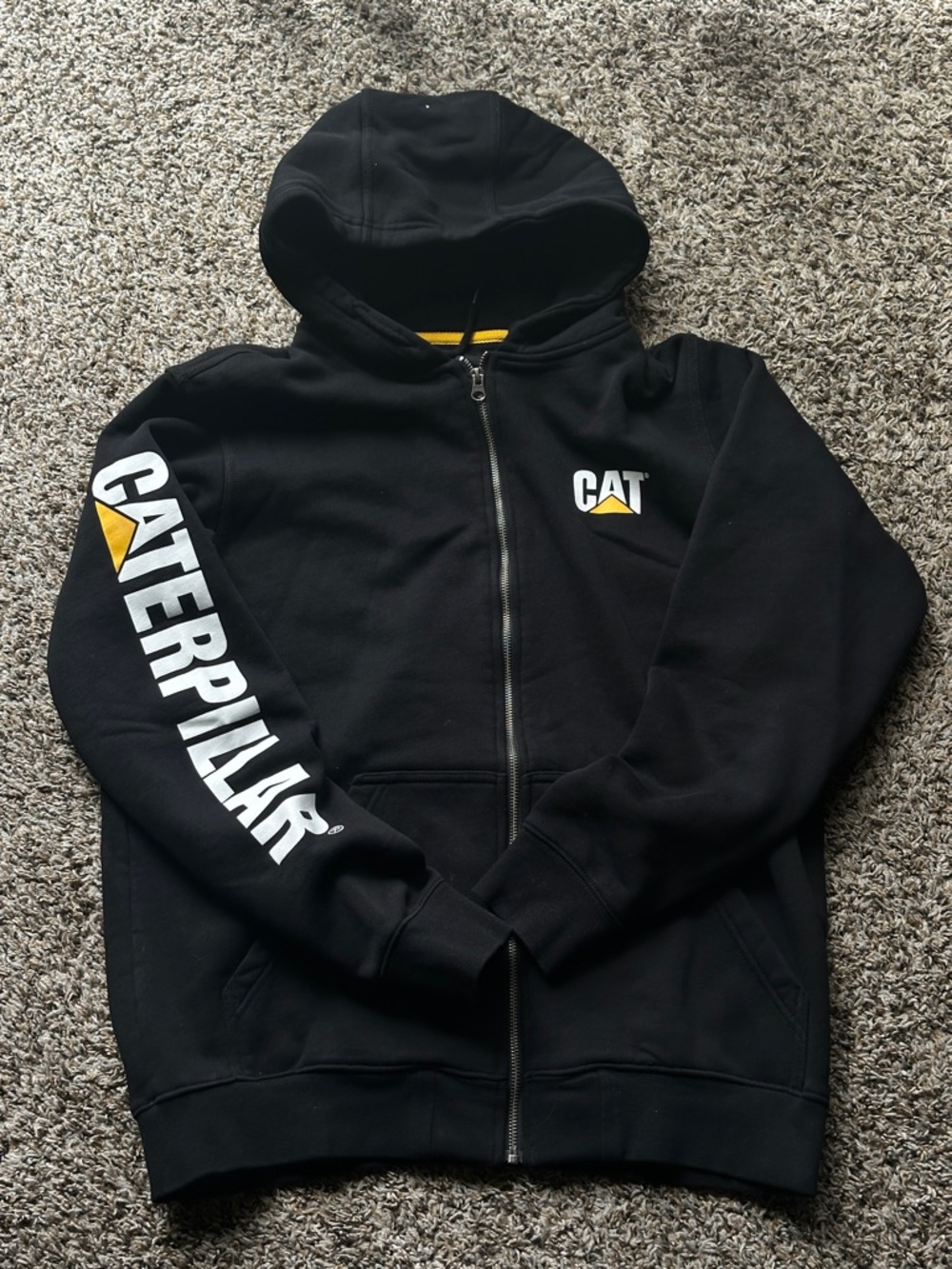 Caterpillar Black Zip Hoodie with Yellow Logo and White Sleeve Text